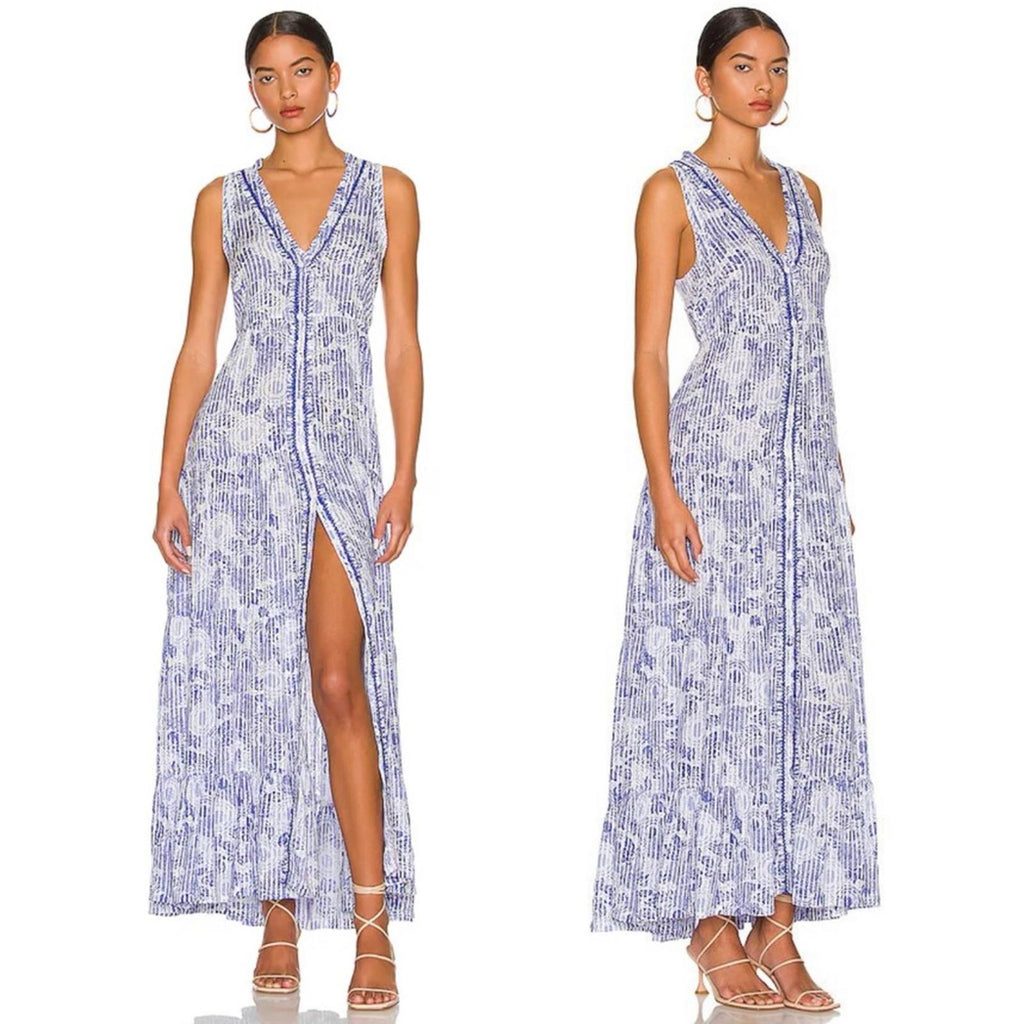 Poupette St. Barth Nana Printed Maxi Dress Revolve Blue Begonia Size L New w/Tag