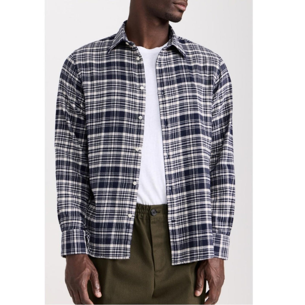 Officine Générale Giacomo Twill Check Shirt in Écru/Navy, Size S, NEW