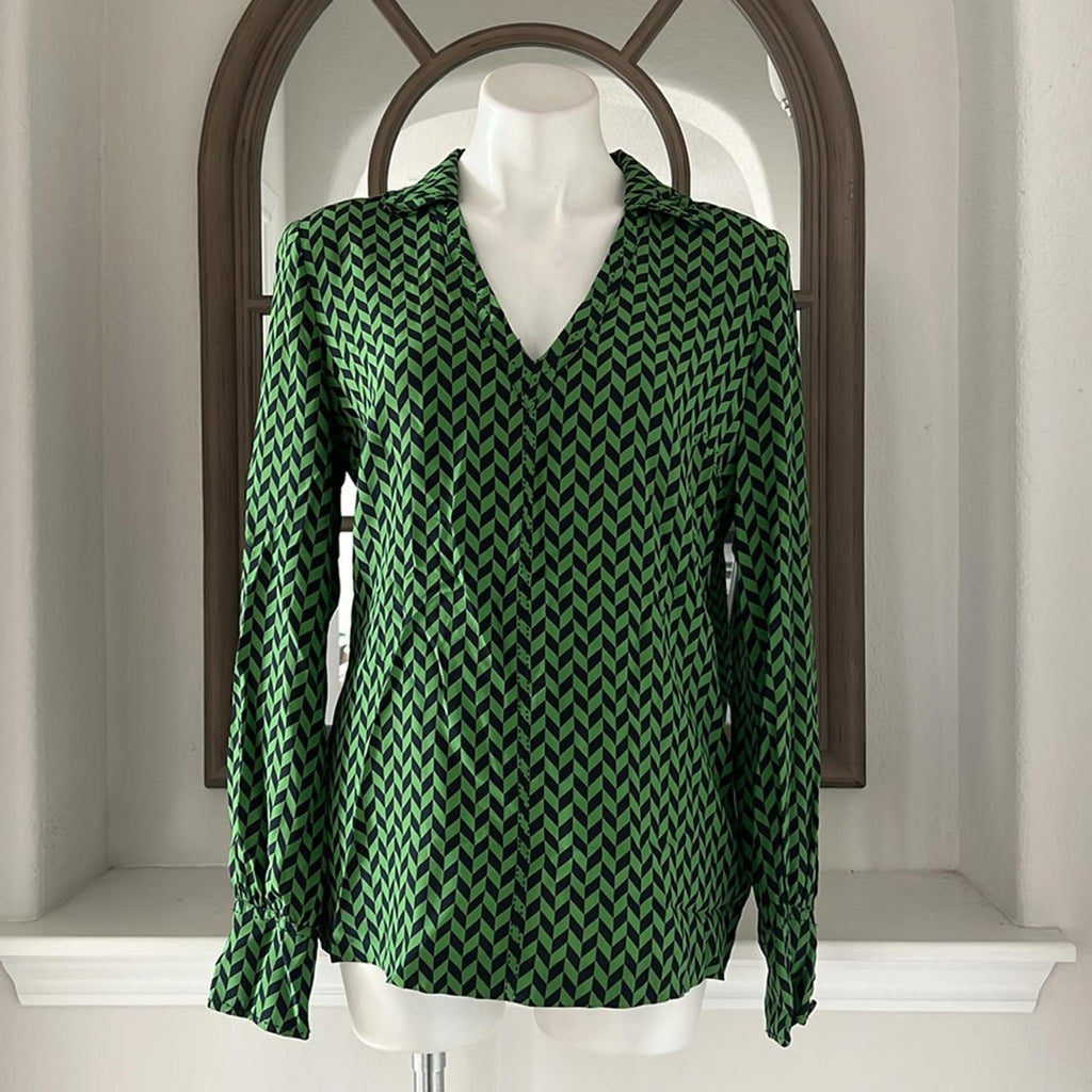 Tory Burch Silk Blouse in Green/Navy Size 10 EXCELLENT