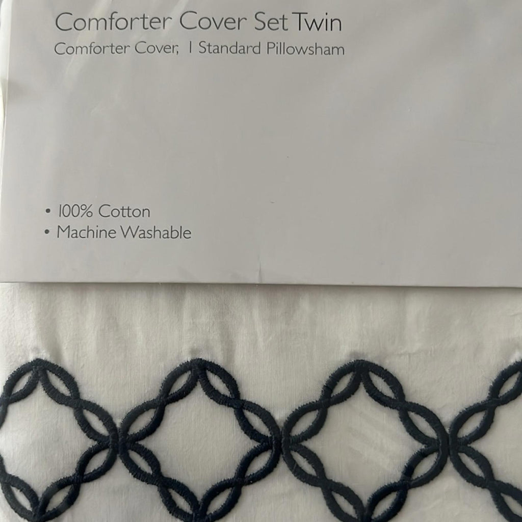 Sky NAVY Embroidered Percale Duvet Cover and Shams Set, Twin NEW w/Tag $230
