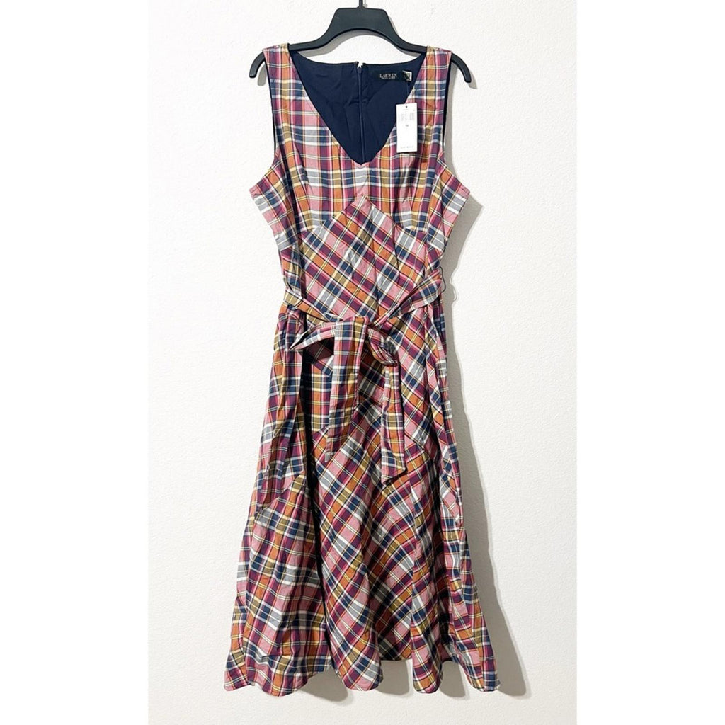 Lauren Ralph Lauren Madras Plaid Belted Midi Dress, Size 18, New w/Tag