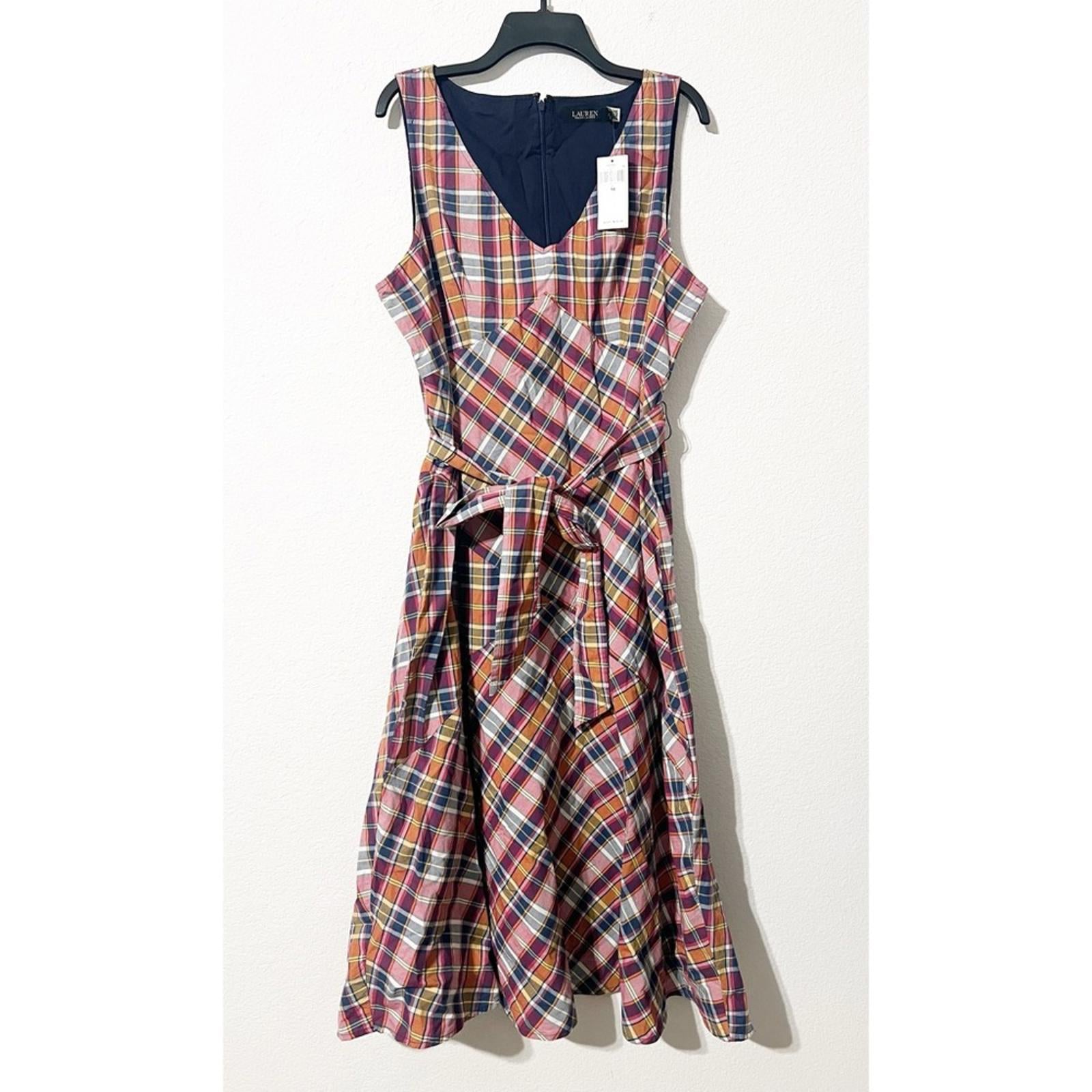 Lauren Ralph Lauren Madras Plaid Belted Midi Dress, Size 18, New w/Tag