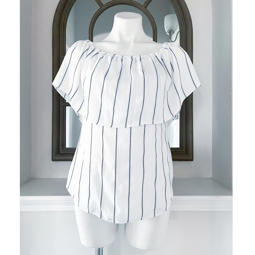 WHBM Off-The-Shoulder Stripe Blouse, White Blue Size XS Retail $99