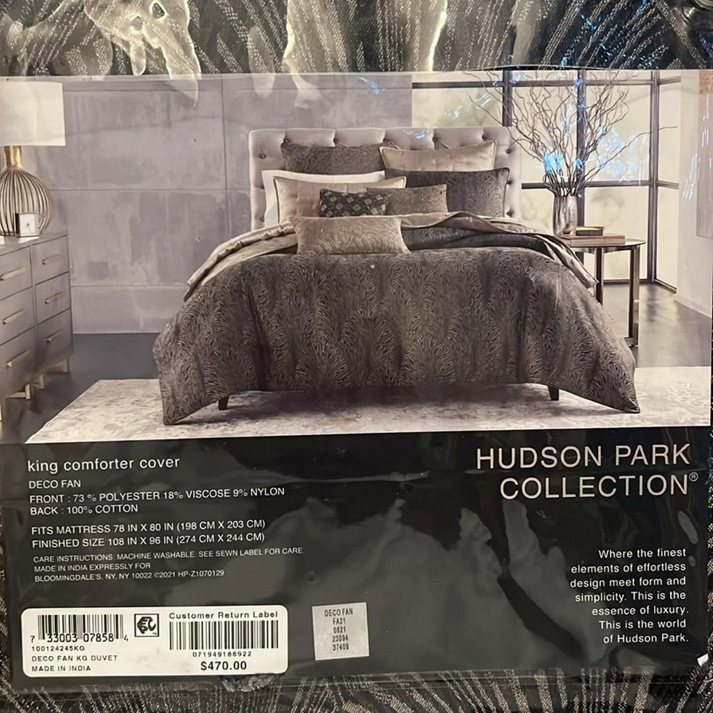 Hudson Park Collection Deco Fan King Duvet Cover, Black Grey New in Box $470