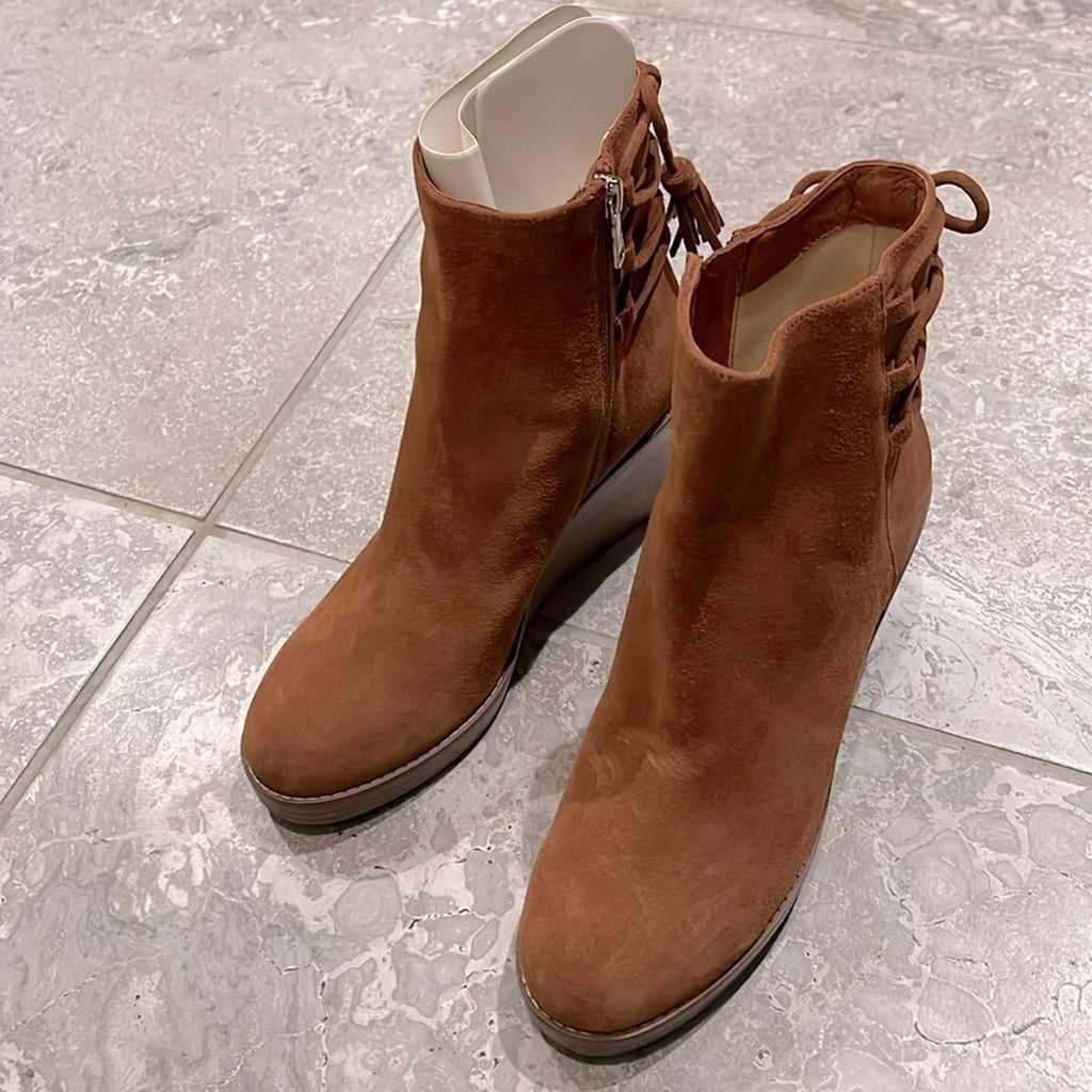 Jack Rogers Banbury Suede Wedge Booties in Camel, Size 9 New in Box $178