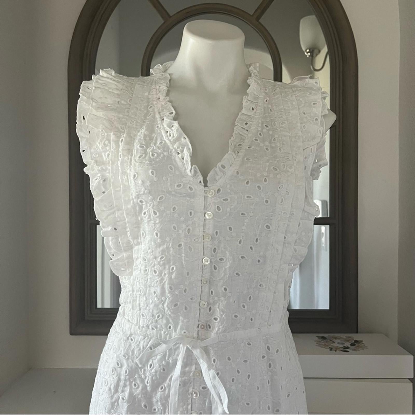 Polo Ralph Lauren Linen Ruffled Eyelet Midi Dress, White Size 4 New w/Tag $398