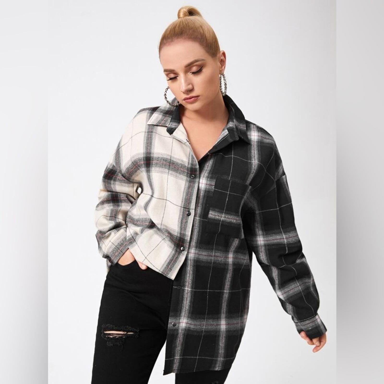 NEW LOOK Plaid Button Up Shirt in Black & White Size 1X New w/Tag