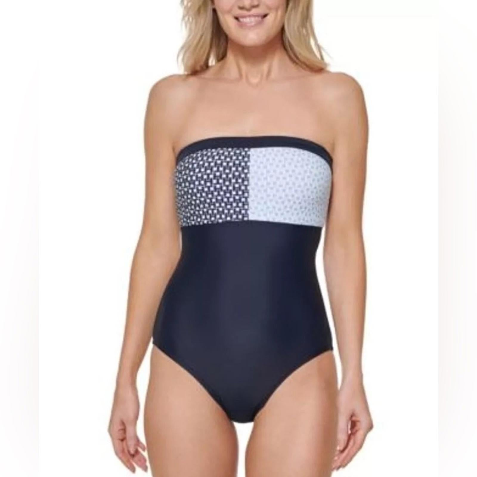 Tommy Hilfiger Iconic Bandeau One-Piece Swimsuit in Sky Captain Multi Size L NWT