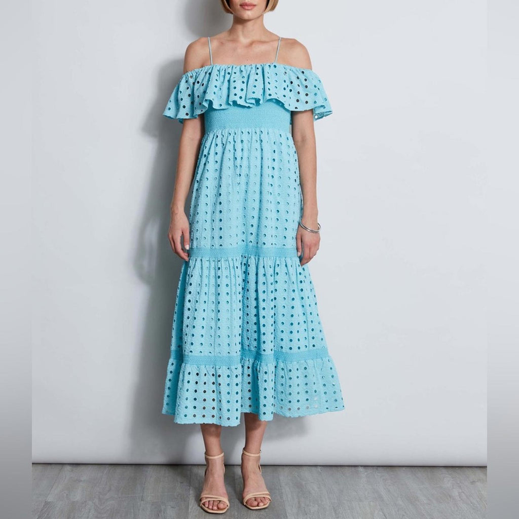 T-Tahari Eyelet Maxi Dress in Blue Haze, Size XS, NEW