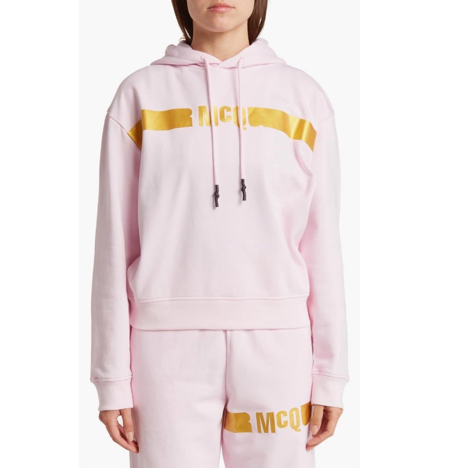 MCQ Alexander McQueen Logo Hologram Hoodie in Pink/Gold, Size S, New with Tag