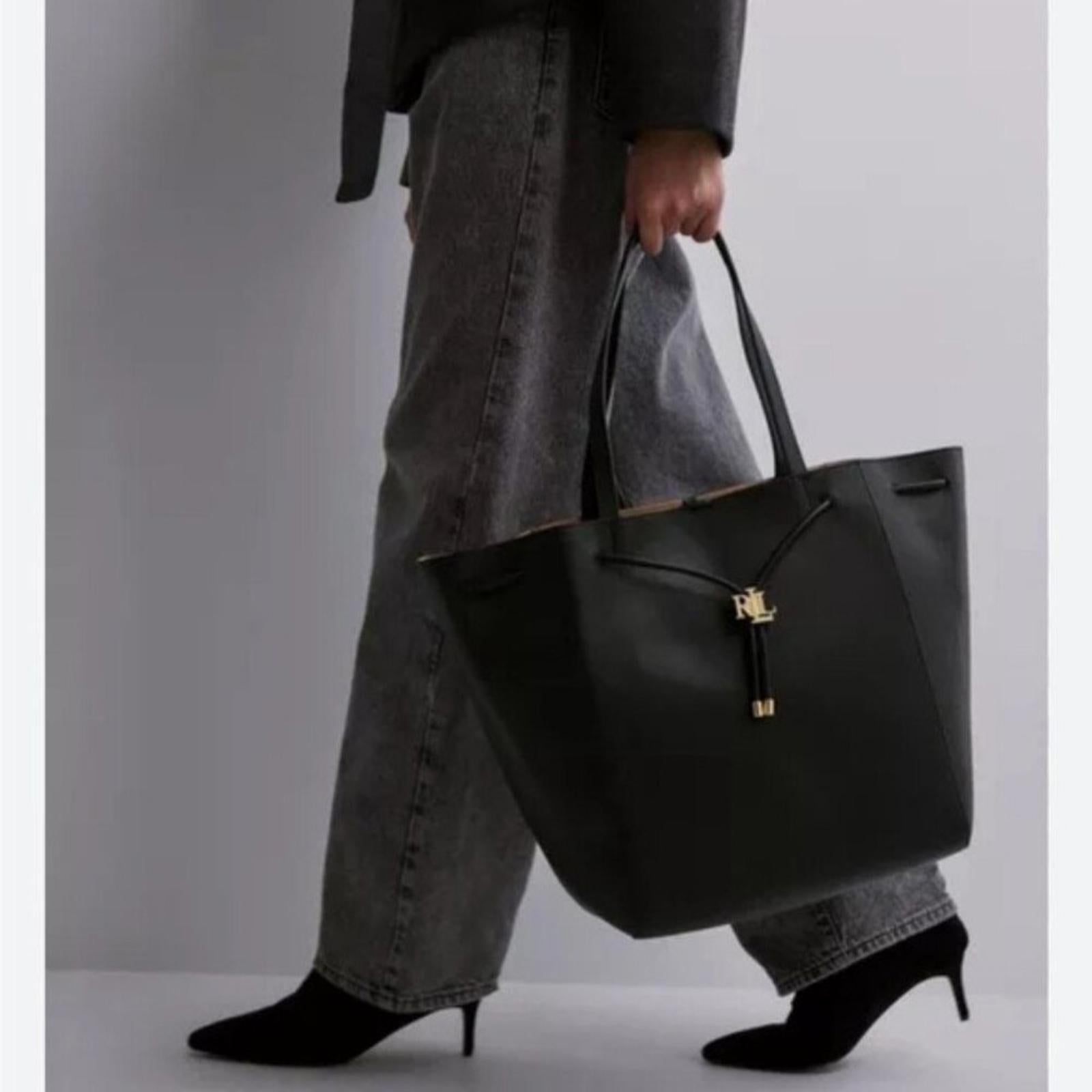NEW Lauren Ralph Lauren Andie Large Leather Drawstring Tote in Black New w/o Tag