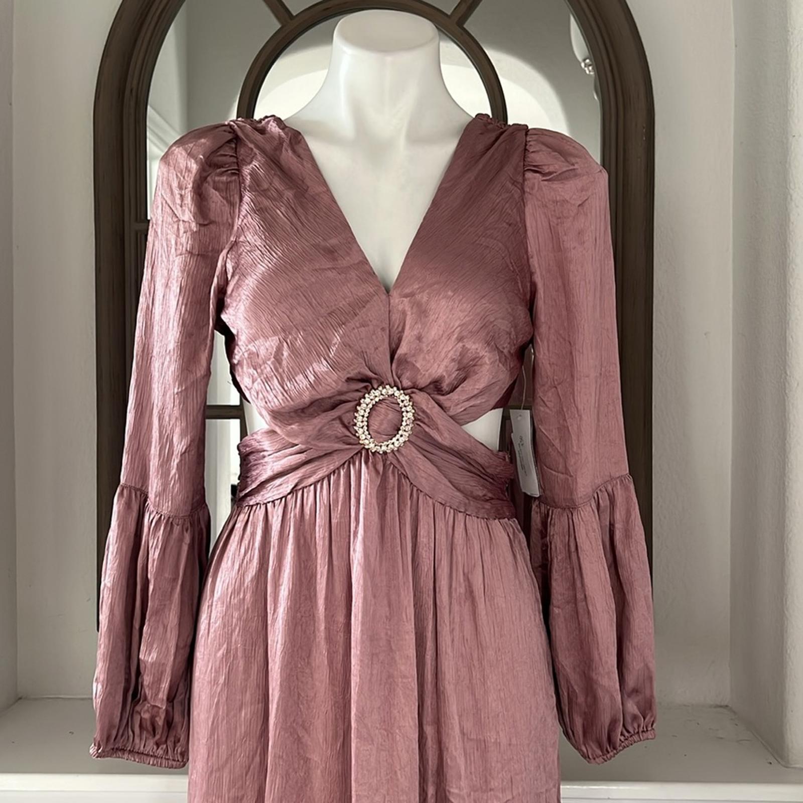 RAHI Luster "Leila" Midi Dress w/ Long Sleeve in Rose, Size S New w/Tag $186