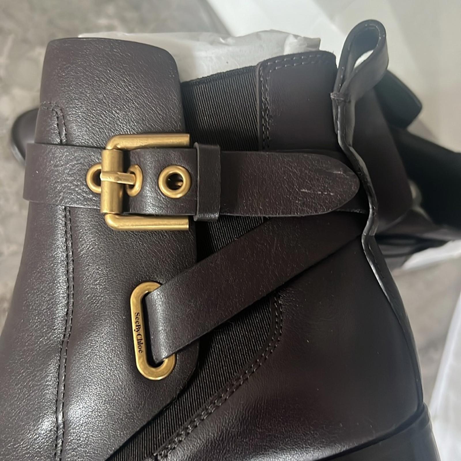 See by Chloé Dark Brown Calf Averi Block Heel Leather Bootie, Size 41 w/DustBag