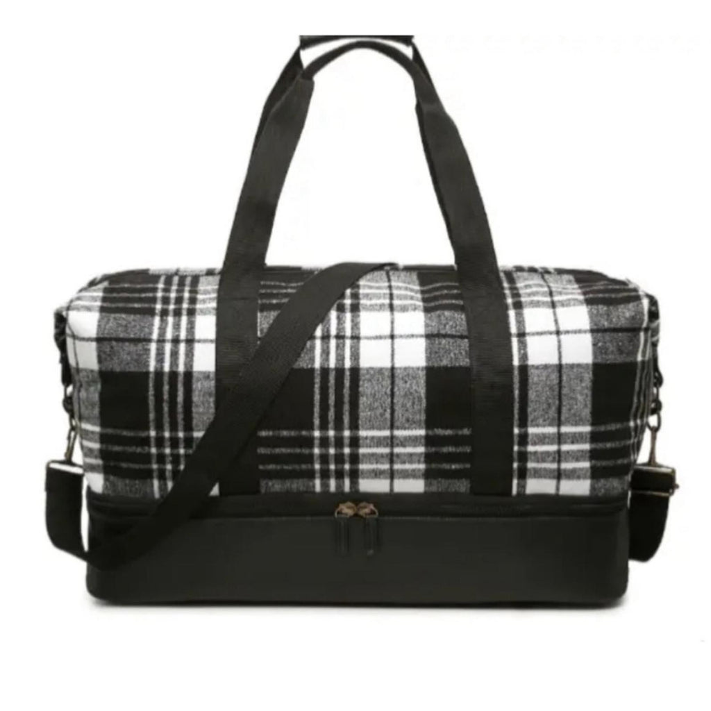 NEW Plaid Weekender Bag with Bottom Compartment in Black & White, New w/Tag