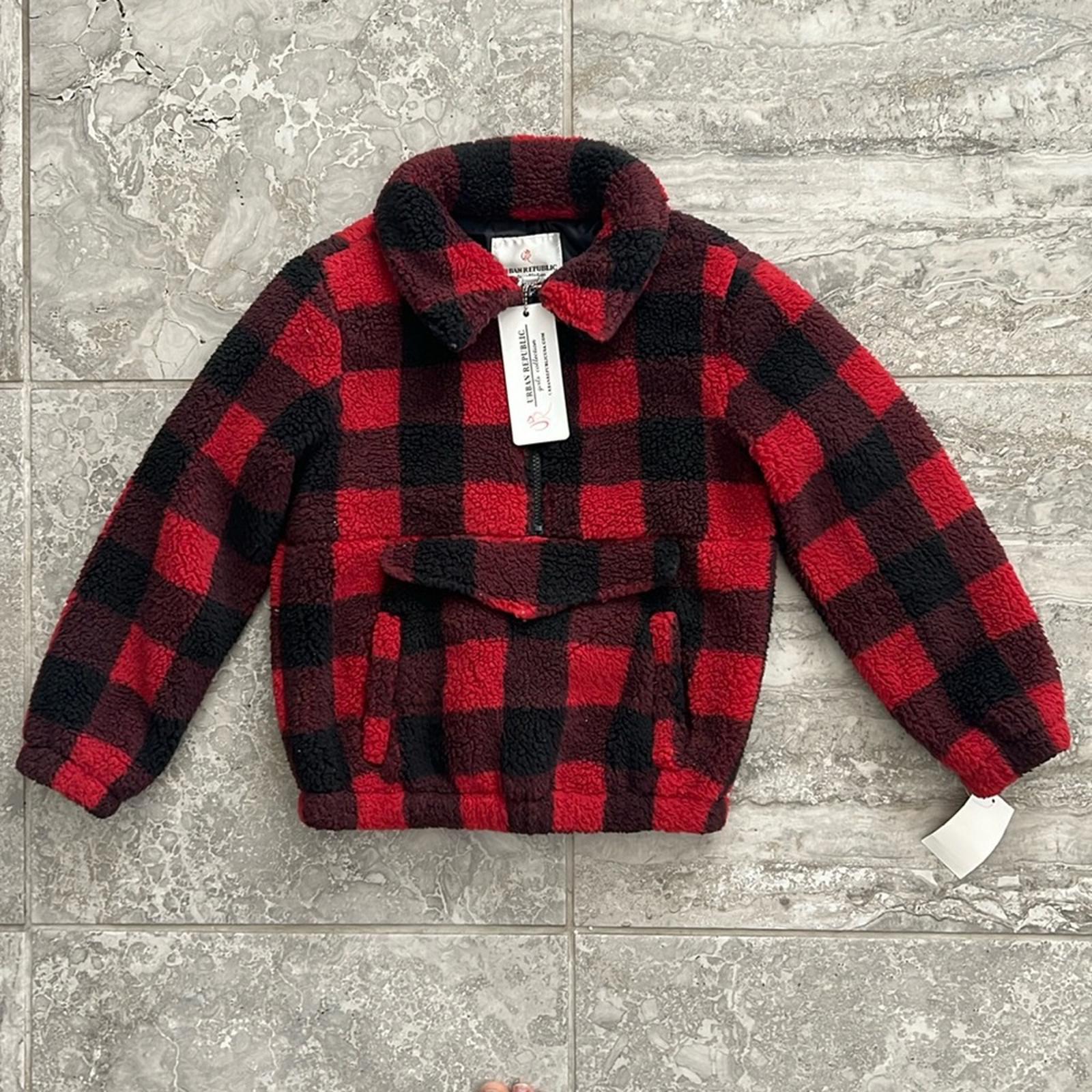 Urban Republic Half-Zip Faux Fur Jacket Girls' S(7/8) RedBlack Buffalo Check NWT