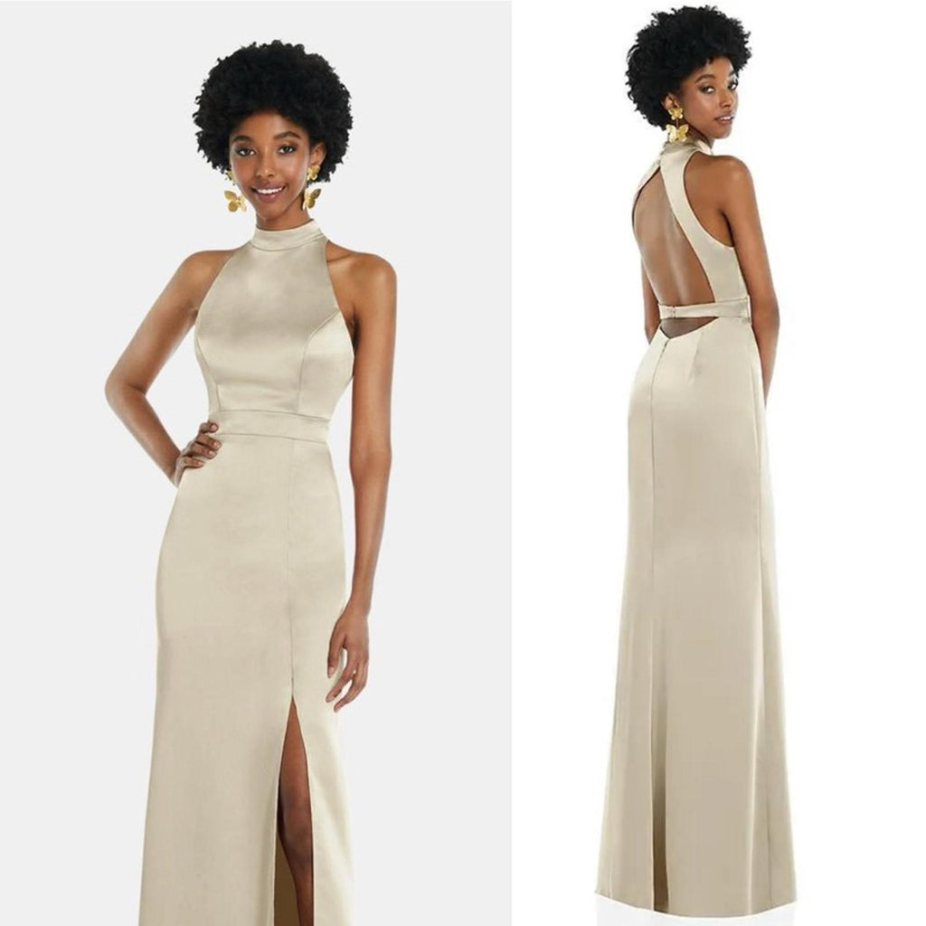 NEW Lovely High Neck Backless Maxi Dress With Slim Belt, Champagne Size 2, $242