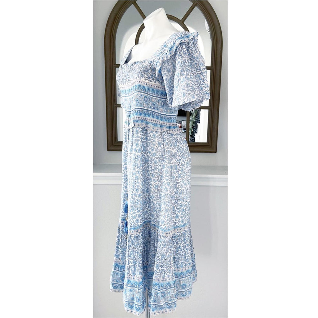Bell Ashley Ruffled Puff Sleeve Midi Dress in Blue White, Size XL New w/Tag $408