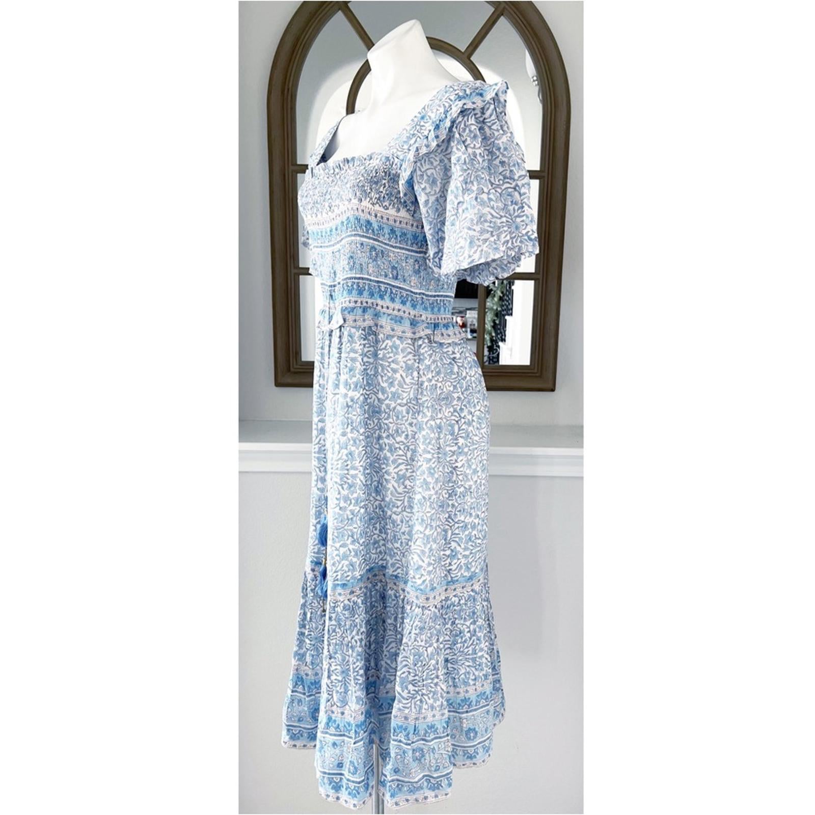 Bell Ashley Ruffled Puff Sleeve Midi Dress in Blue White, Size XL New w/Tag $408