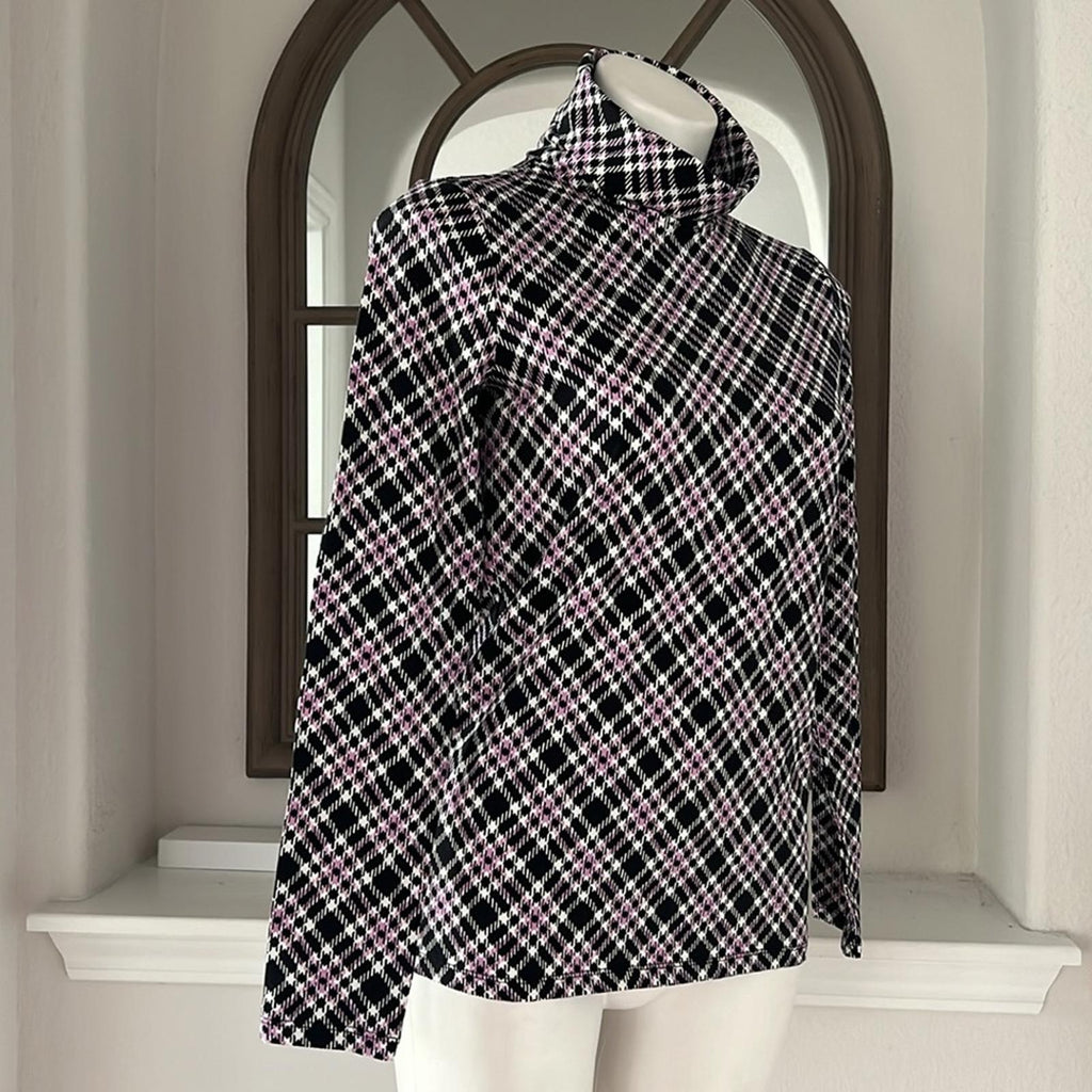 NEW Talbots Cotton Turtleneck Bias Plaid Top Black/Purple Size S New w/o Tag