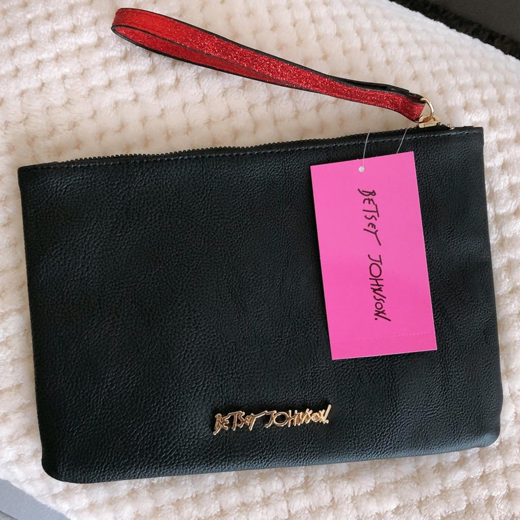 Betsey Johnson Jingle Ladies Kitsch Pouch Wristlet in Black/Red, NWT