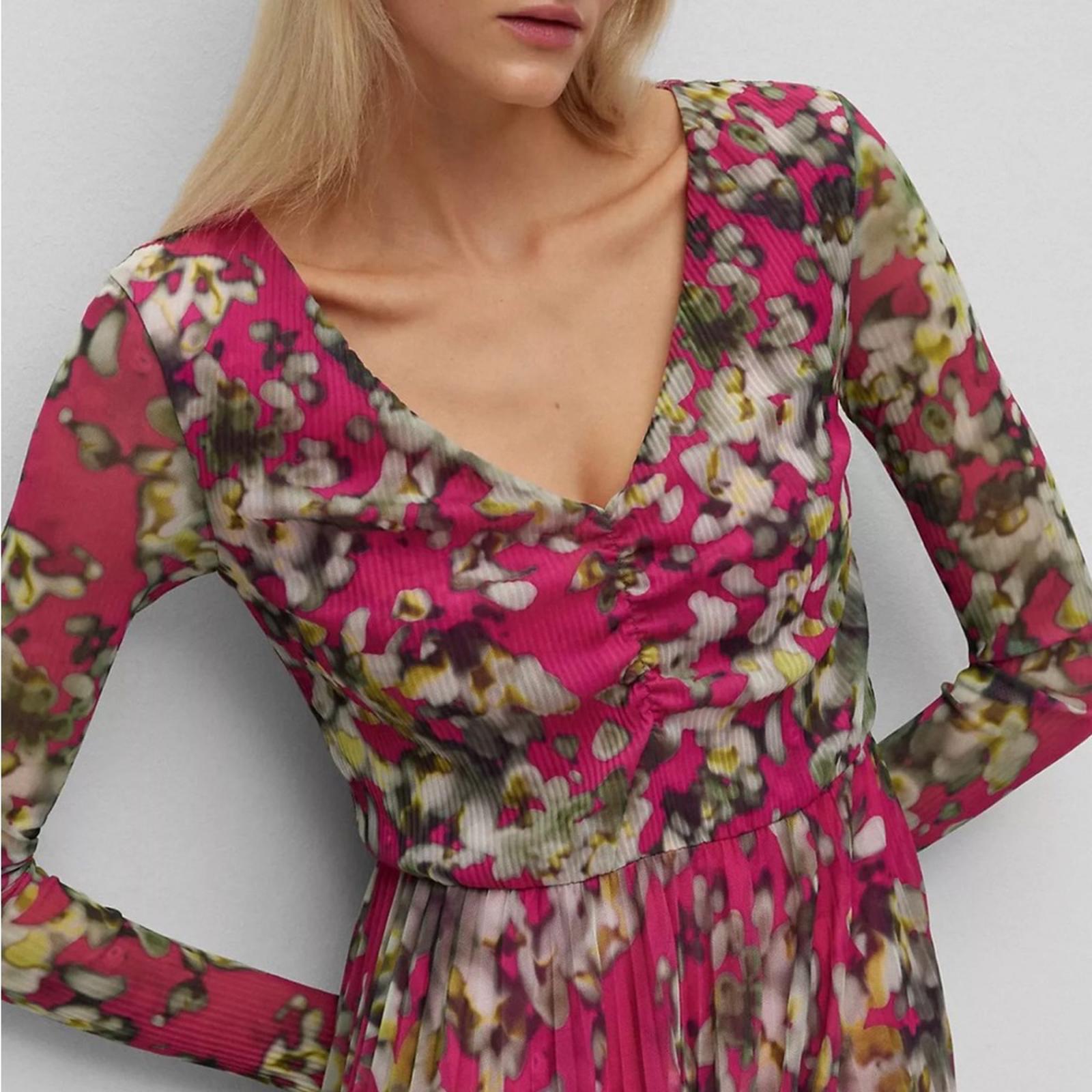 HUGO BOSS Long Sleeve Dress in Plissé Tulle with Seasonal Print Size S NEW w/Tag