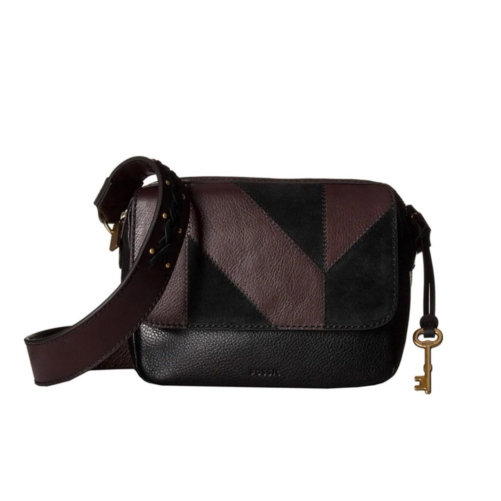 Fossil Aria Cow Hide Leather Shoulder Bag, Patchwork Black & Brown, Retail $178