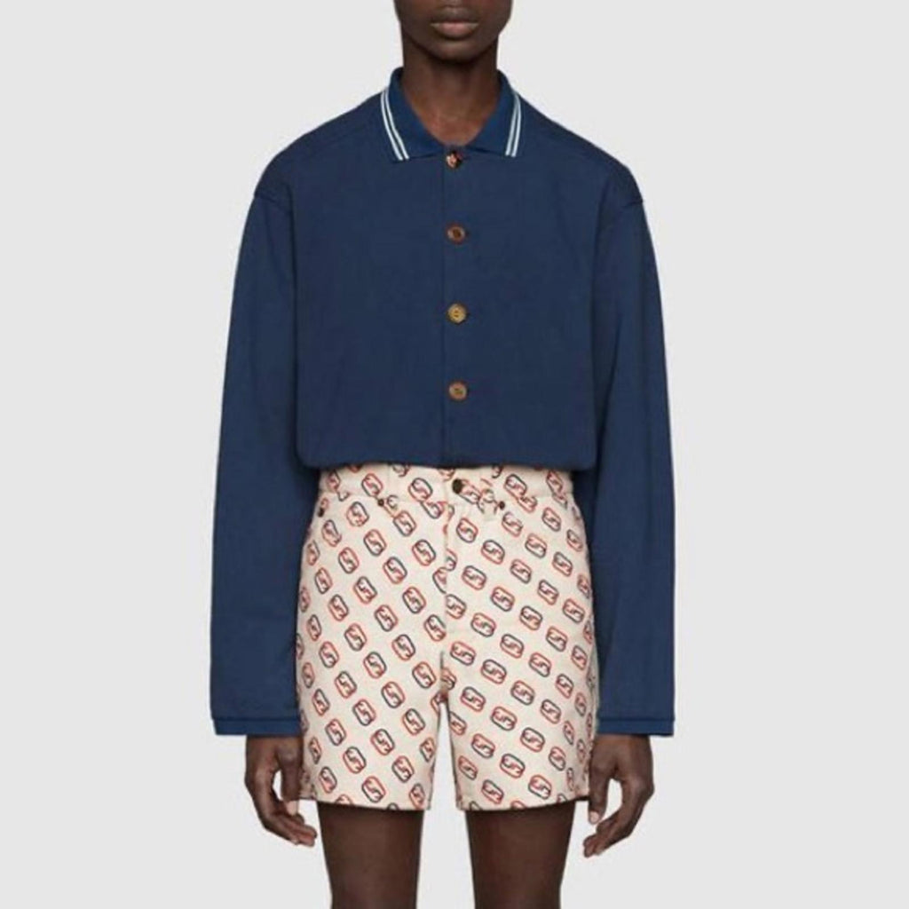 Gucci SS21 Long Sleeves Polo Heavy Cotton Jersey Shirt in Autumn Blue NWT $1,200