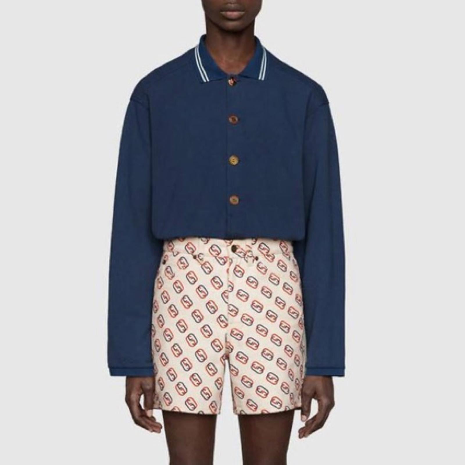 Gucci SS21 Long Sleeves Polo Heavy Cotton Jersey Shirt in Autumn Blue NWT $1,200