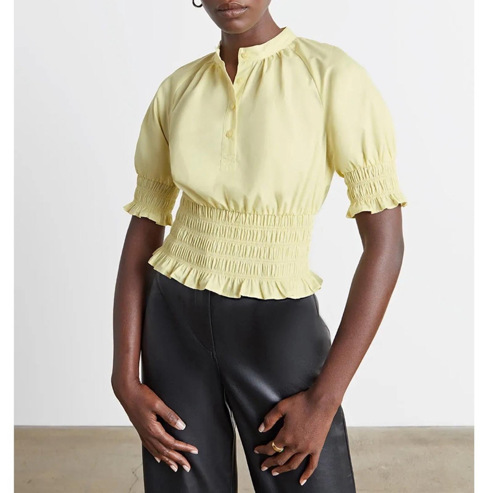 WhoWhatWear HARPER Smocked-Waist Top in Lemon New w/Tag Retail $115