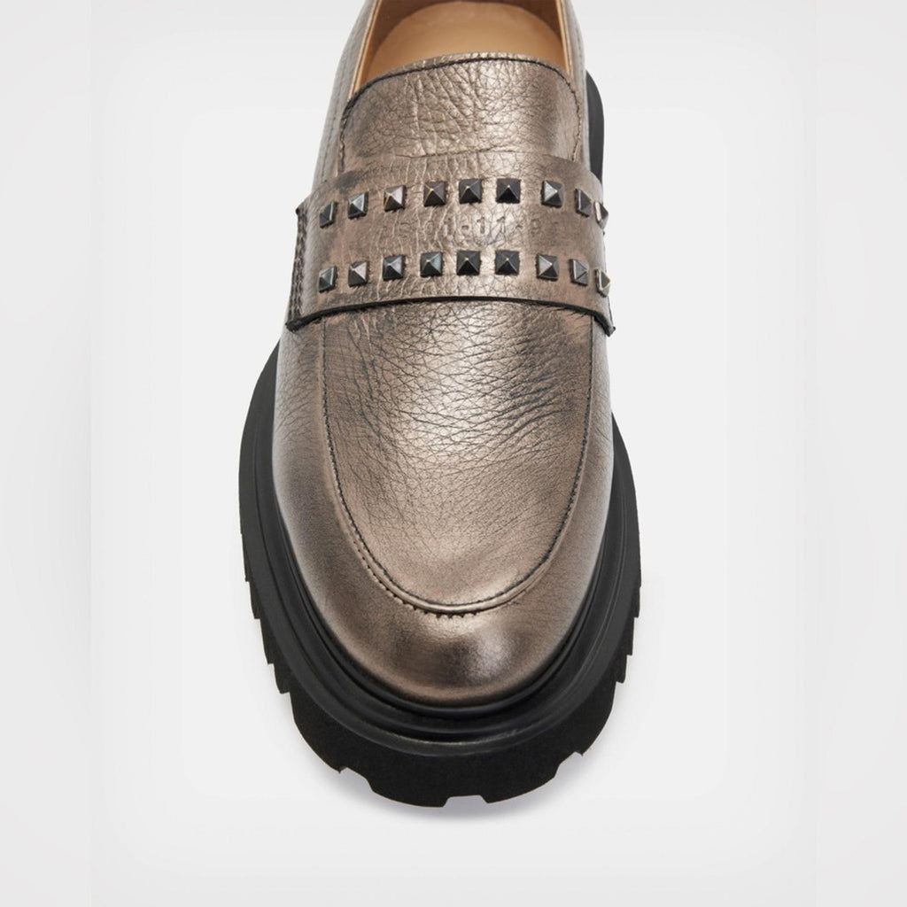 AllSaints Lola Studded Apron Toe Loafers, Pewter Size EU41 (Sold Out) New in Box