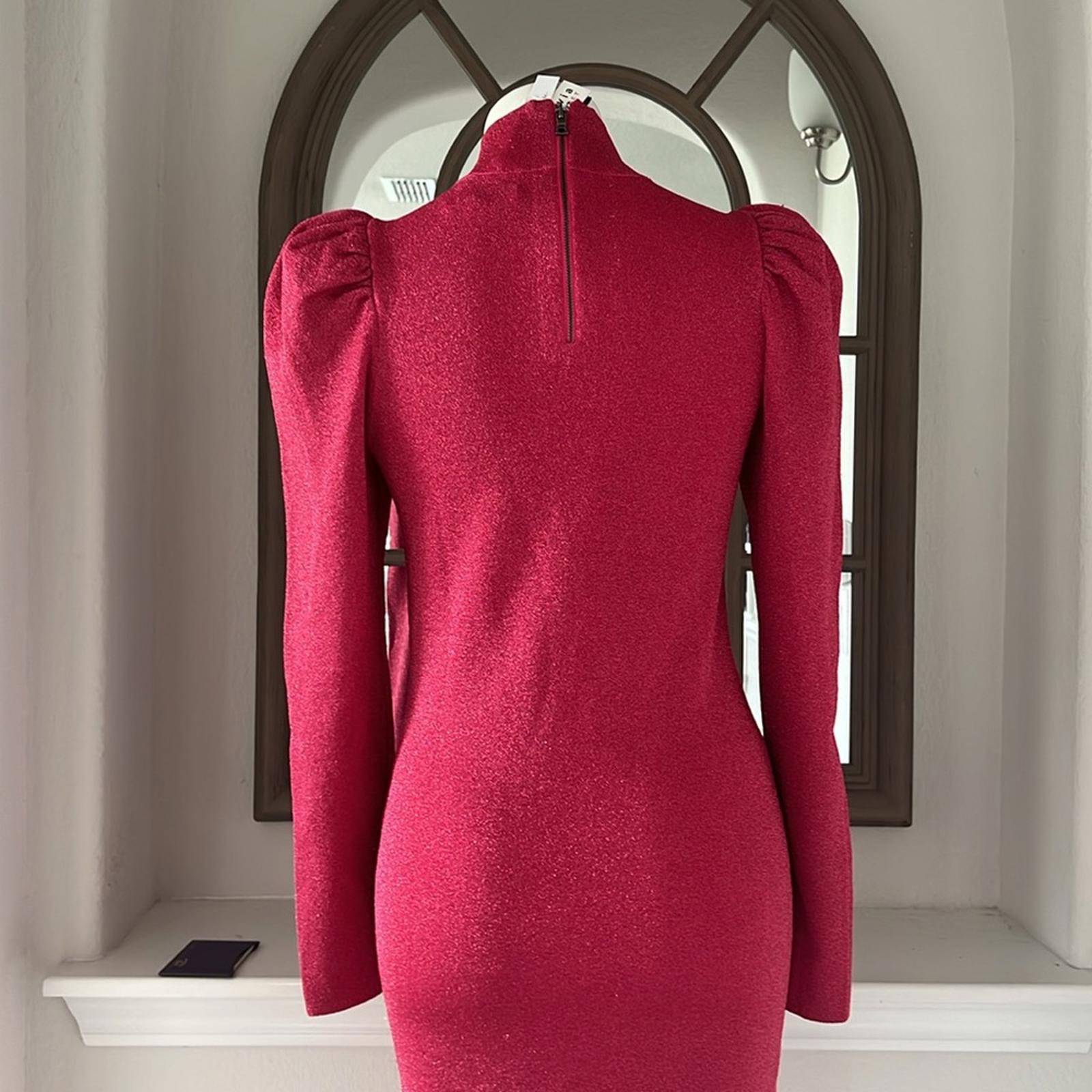 Alice+Olivia Issa Turtleneck Puff Sleeve Dress, Pink Metallic Size L NWT $395