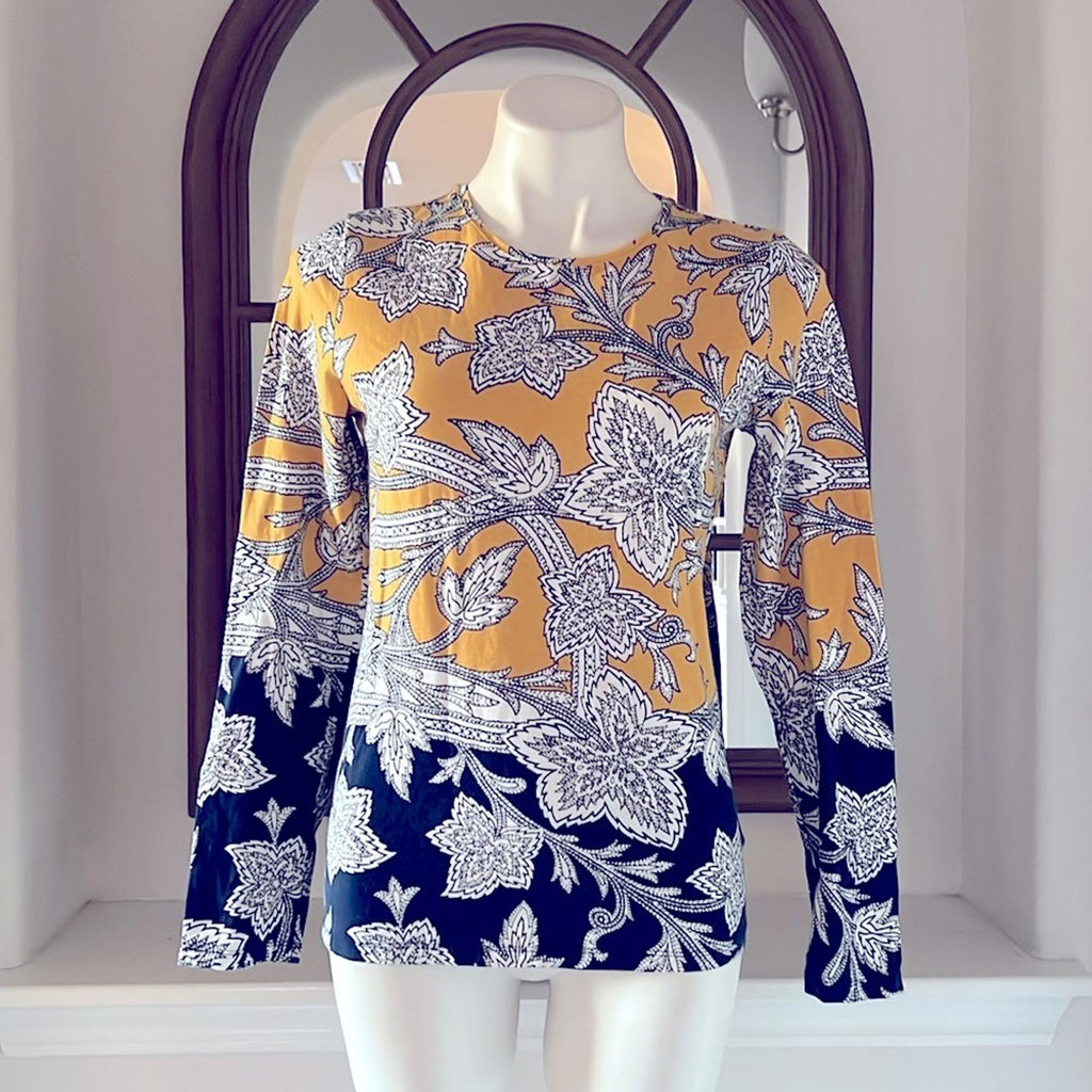 The Talbots Tee Pima Crewneck Tee, Paisley Floral, Yellow Blue Size S EXCELLENT!