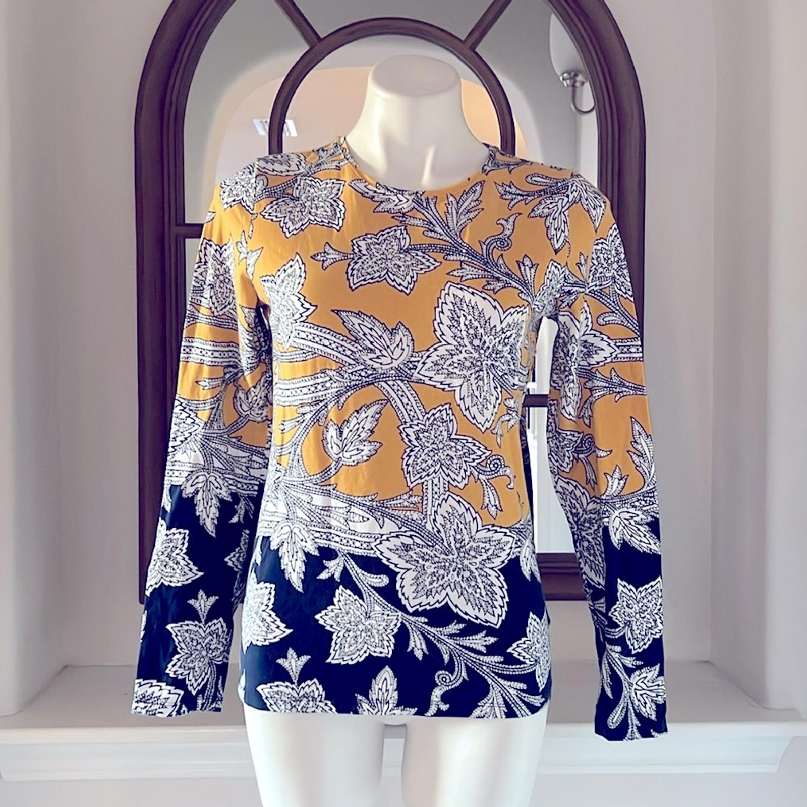 The Talbots Tee Pima Crewneck Tee, Paisley Floral, Yellow Blue Size S EXCELLENT!
