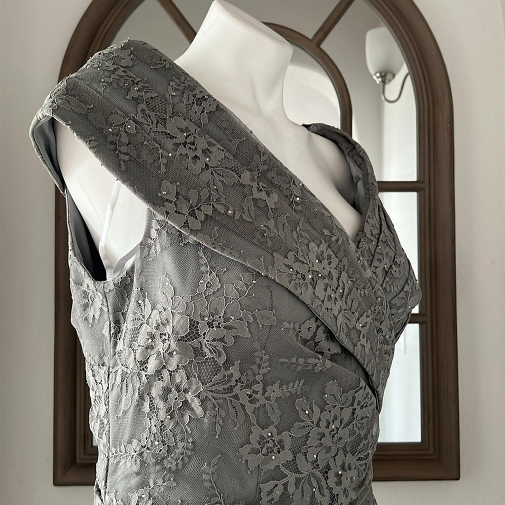 La Femme Lace Off the Shoulder Cap Sleeve Evening Dress in Platinum Size 16 NWT