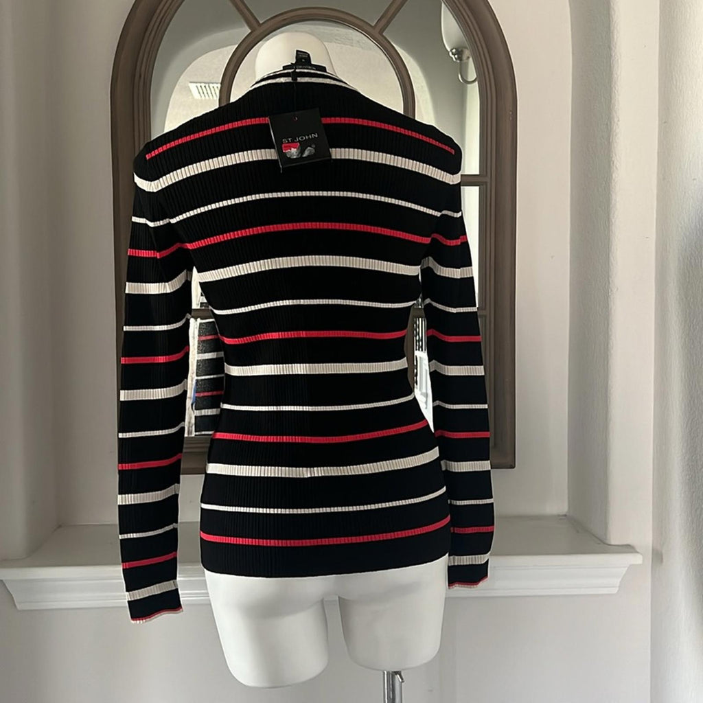 ST JOHN Stripe Crewneck Sweater, Cavair/Tikka Red Multi Size M New w/Tag