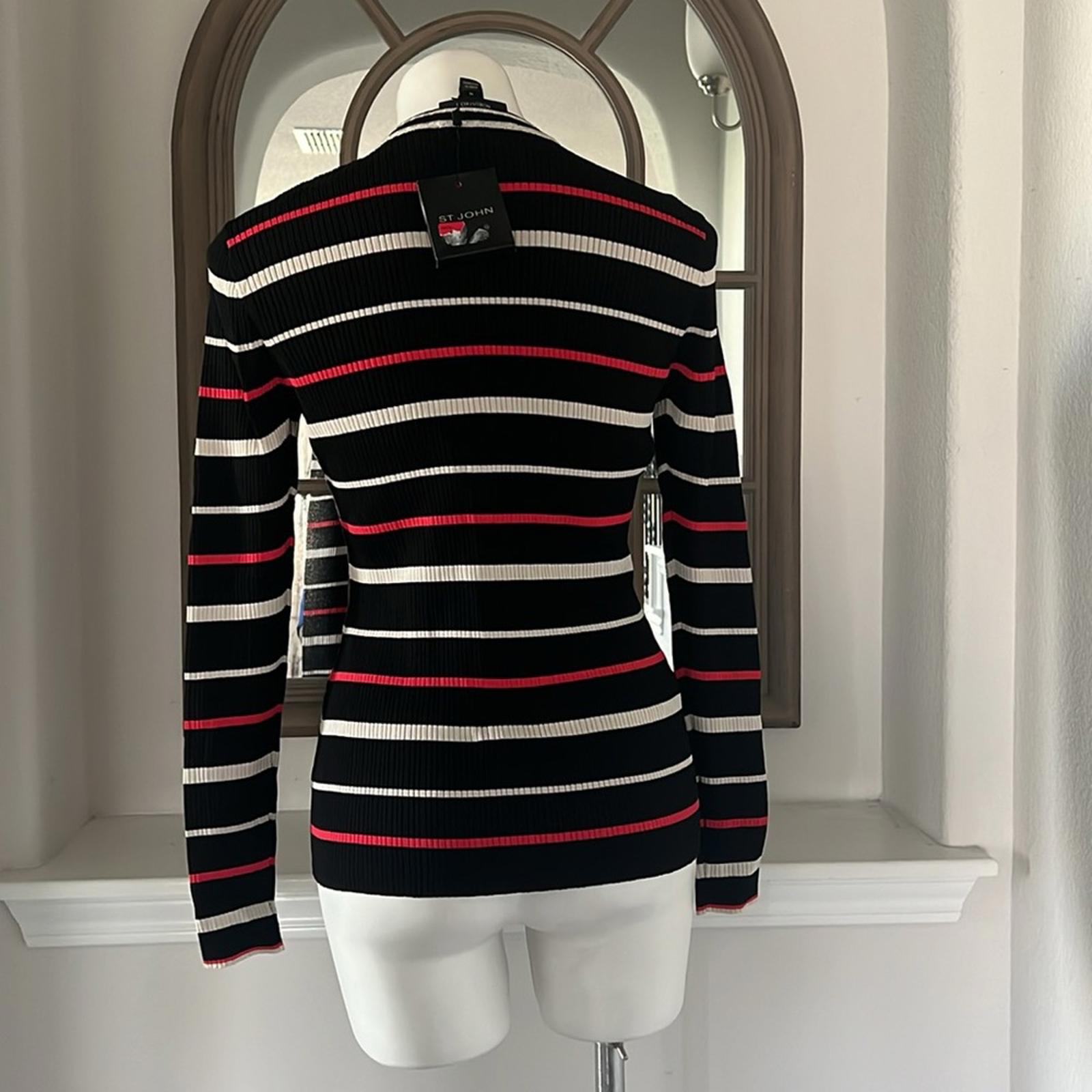ST JOHN Stripe Crewneck Sweater, Cavair/Tikka Red Multi Size M New w/Tag