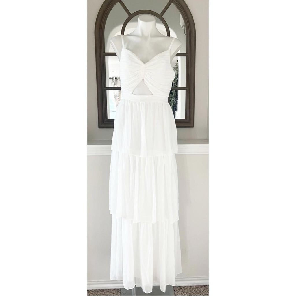 Aqua Bloomingdale’s Cutout Tiered Gown in Off White, Size S New 10 NWT $298