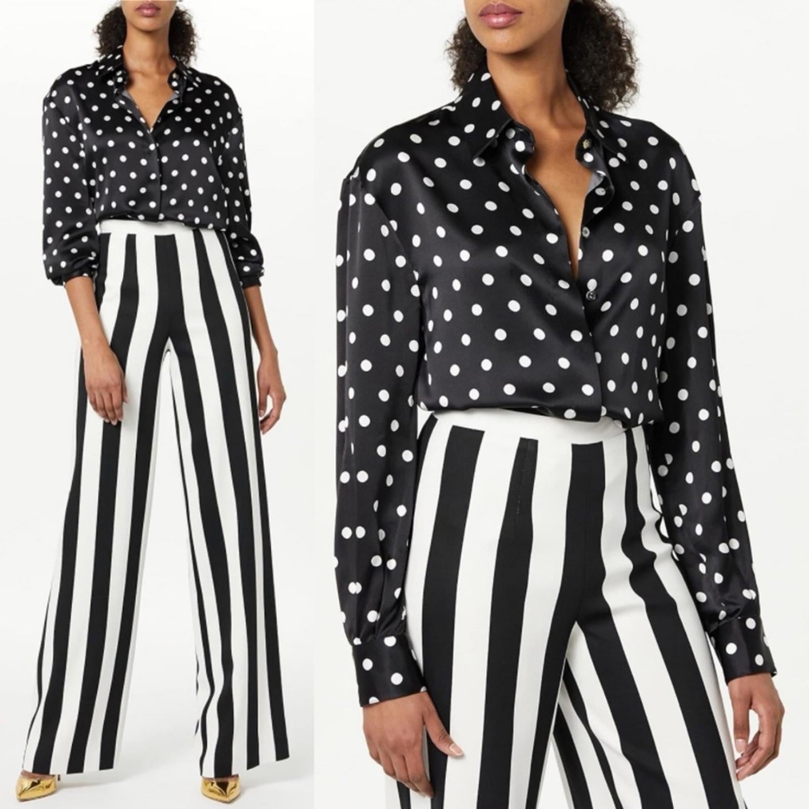 Sergio Hudson Polka Dot Silk Charmeuse Button-Up Blouse, Black/White XL NWT $795