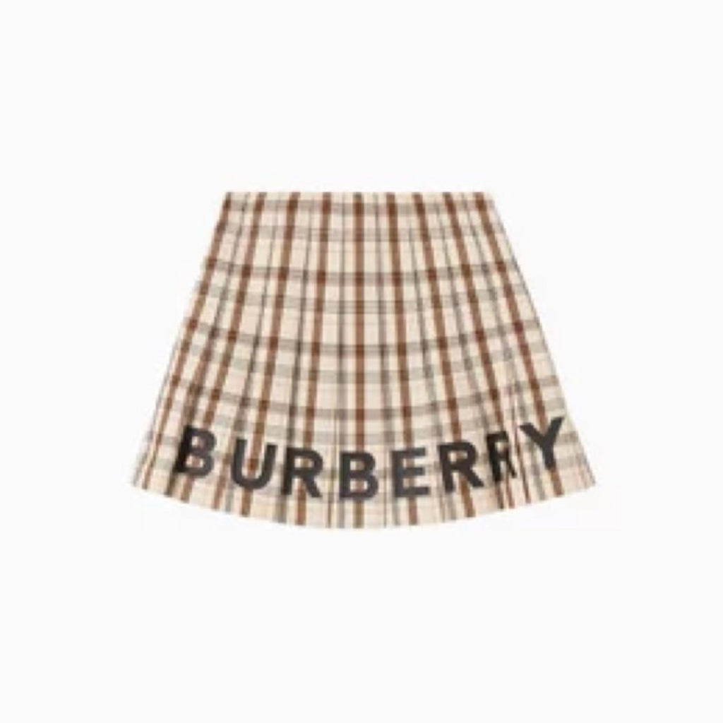 Burberry Kids Beige Check Logo Print Lianne Pleated Skirt, Size 4Y New w/Tag