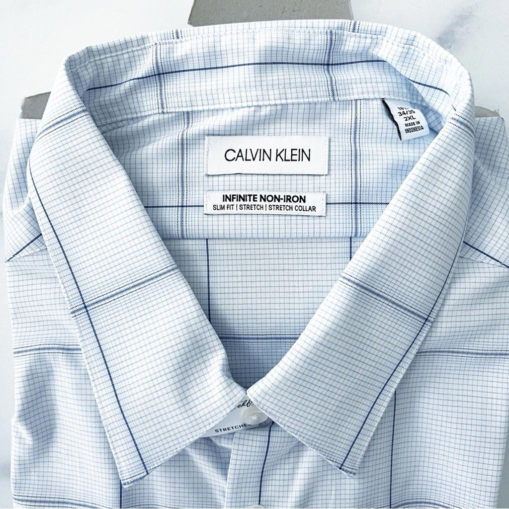 Calvin Klein Slim Fit Stretch Non-Iron Blue Dress Shirt, NWT, Size 18.5 (34/35)