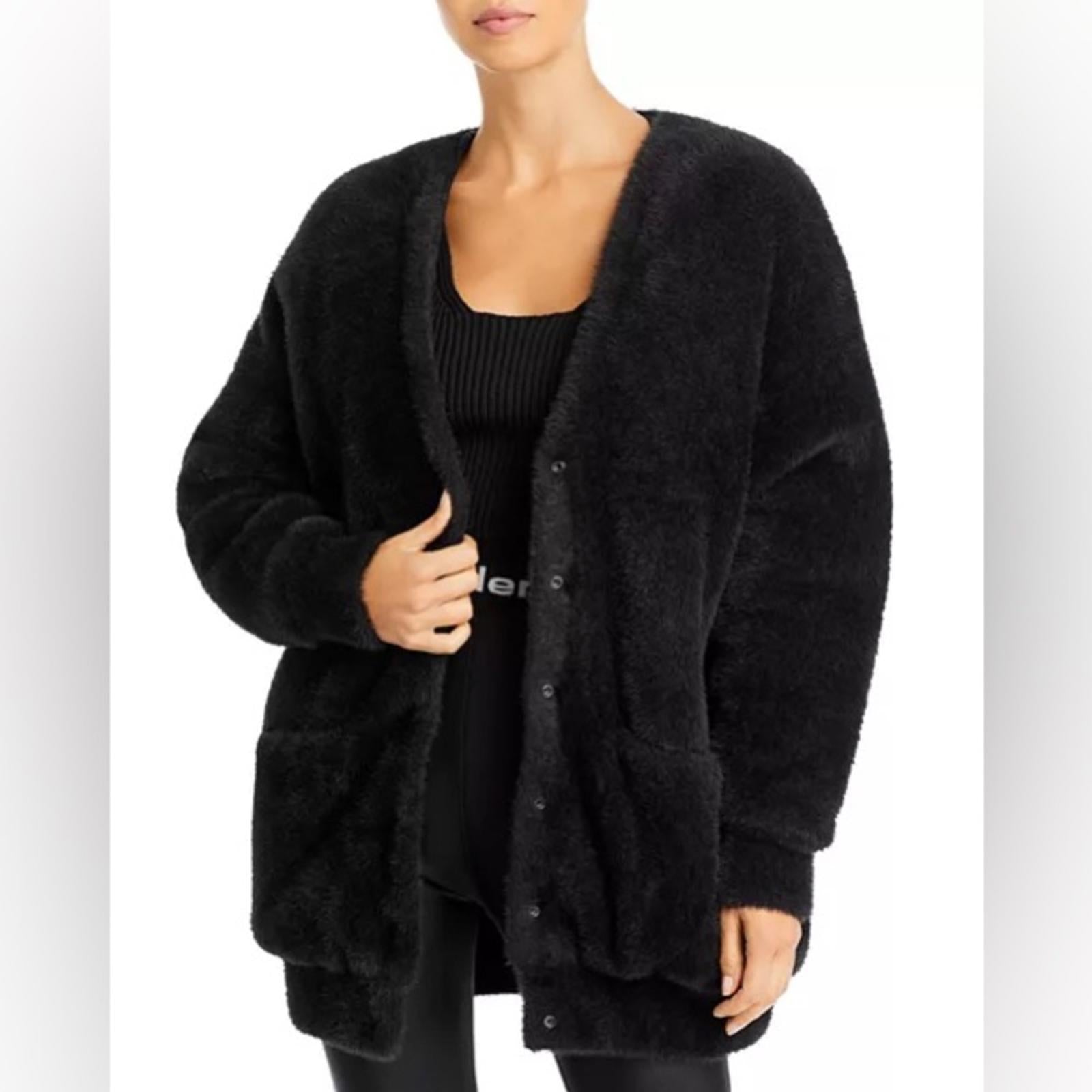 New ALEXANDER WANG V-Neck Faux Fur Cardigan w/Quilted Lining in Black Size L NWT