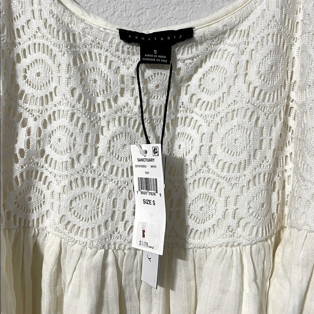 Sanctuary Summer Swing Dress in Gauze w/Crochet, White Size S NEW w/Tag