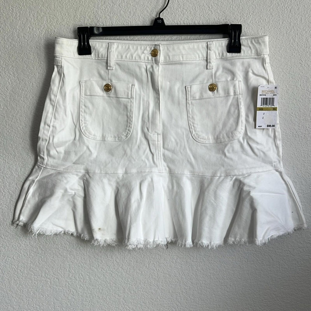 Michael Kors Flounce Denim Skirt in White, NWT, Size 14