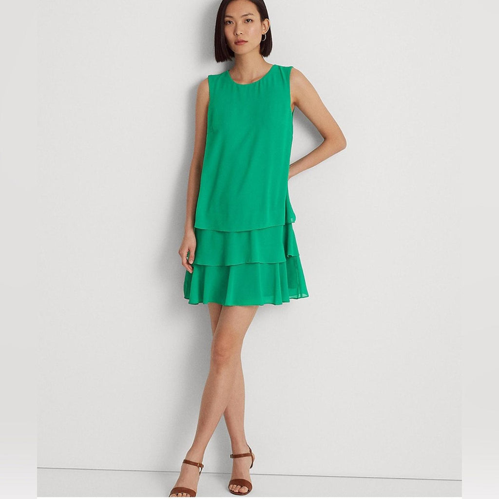Lauren Ralph Lauren Round Neck Georgette Ruffled Shift Dress, Green Size 8 NWT