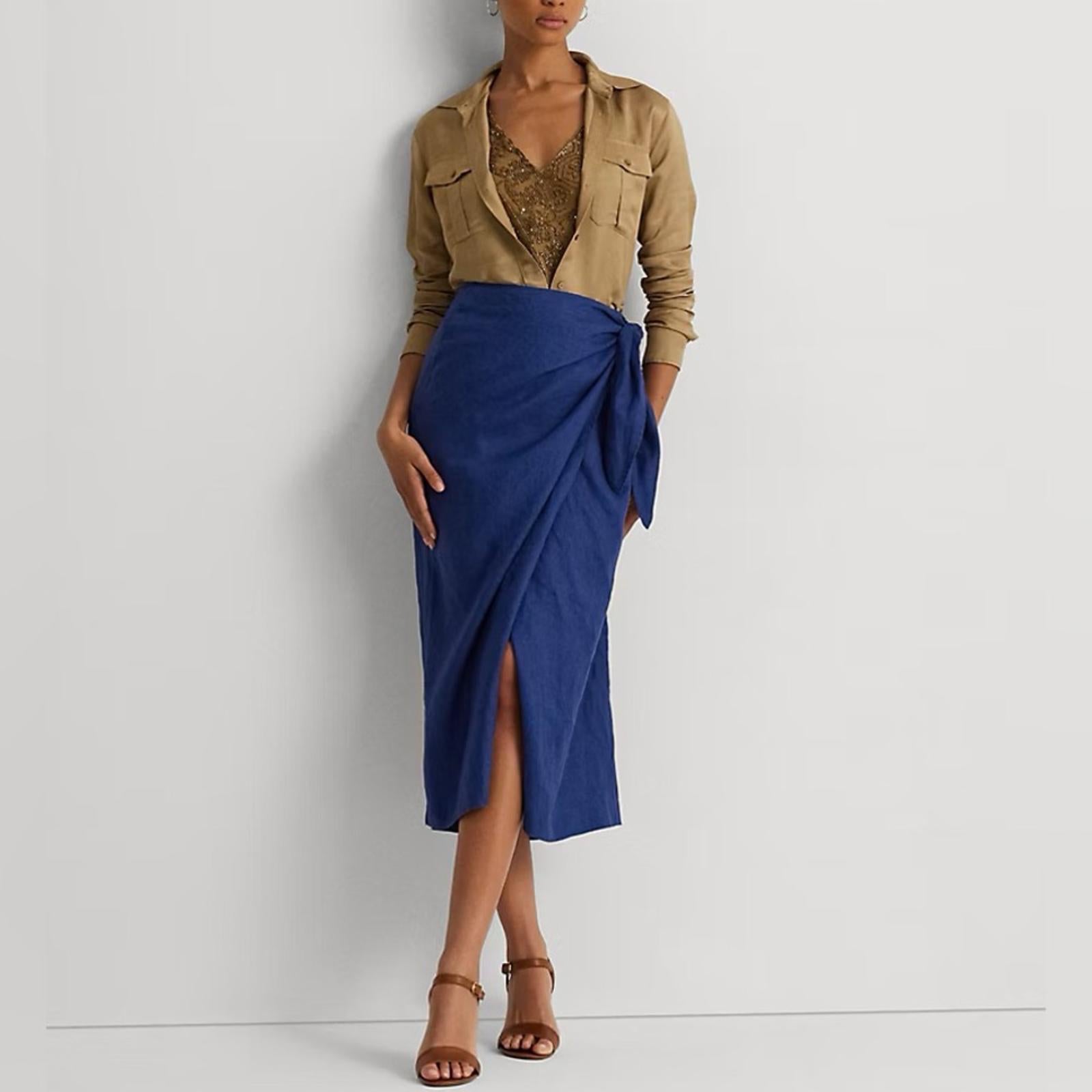 Lauren Ralph Lauren Linen Wrap Midi Skirt in Indigo Sail, Size 4 New w/Tag
