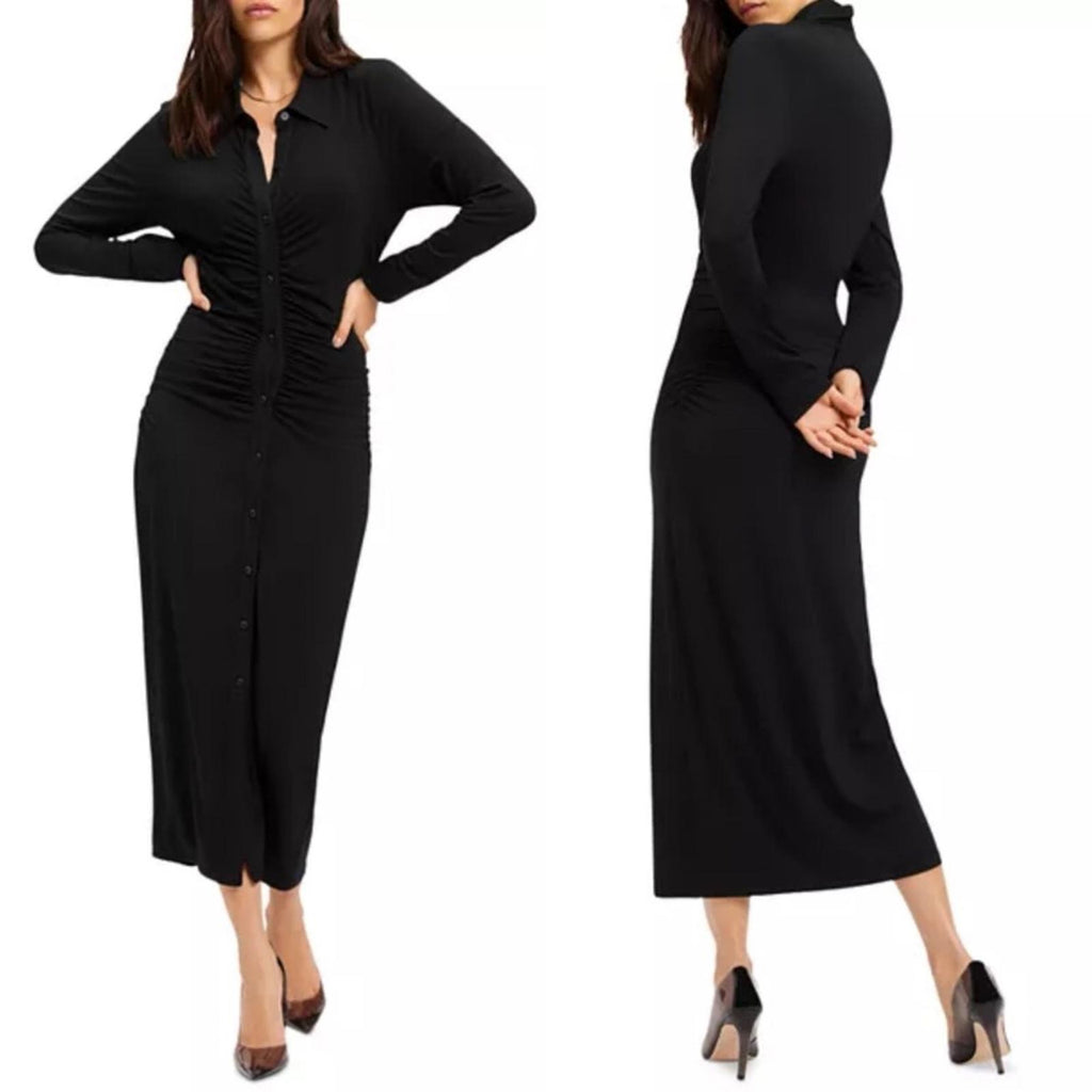 Good American Good Touch Ruched Midi Dress in Black, Size 1 New w/Tag