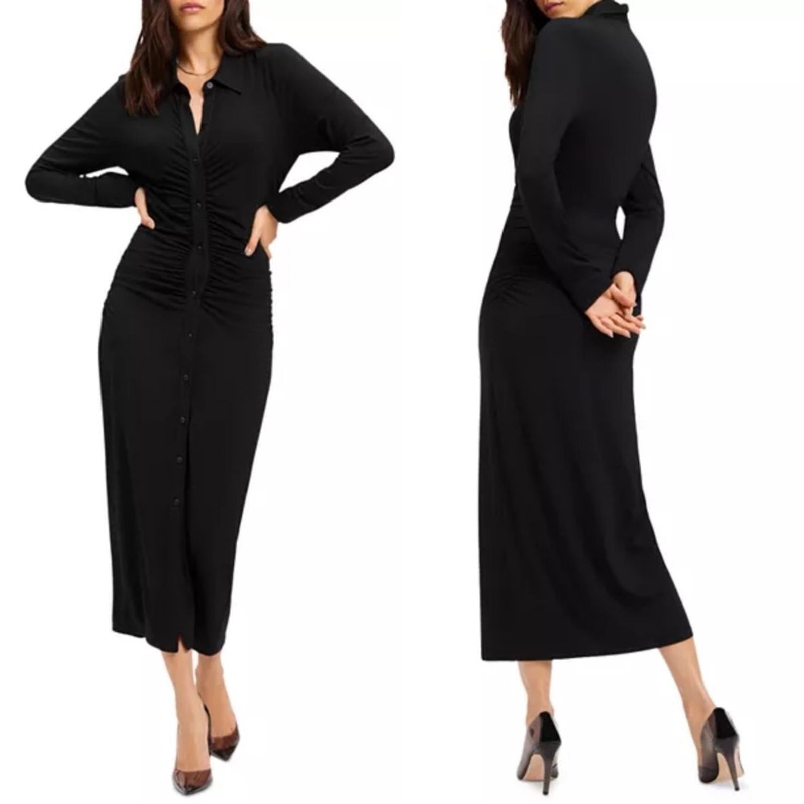 Good American Good Touch Ruched Midi Dress in Black, Size 1 New w/Tag