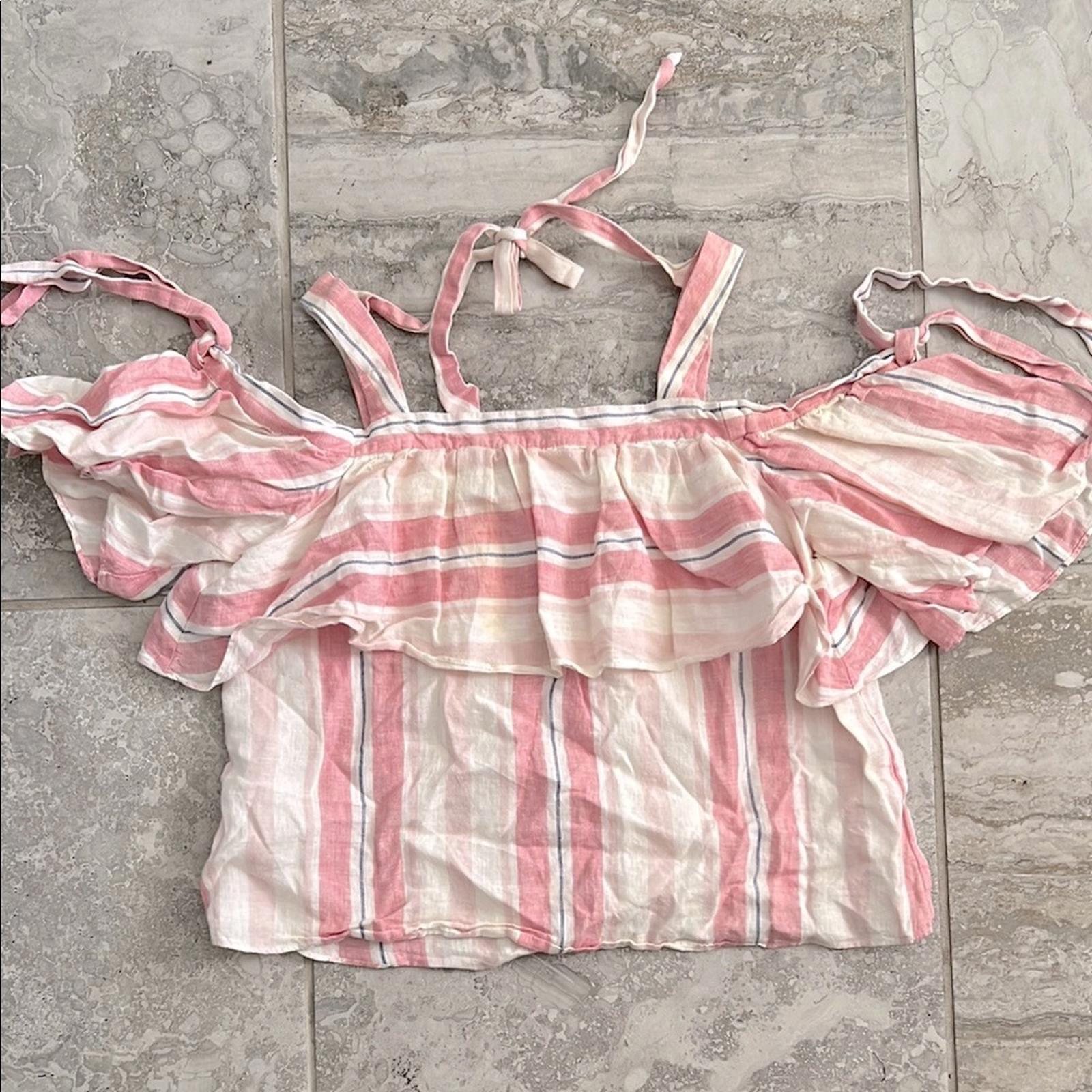 Parker 100% Linen Striped Scotlyn Off-the-Shoulder Top, Pink/White Size S Retail