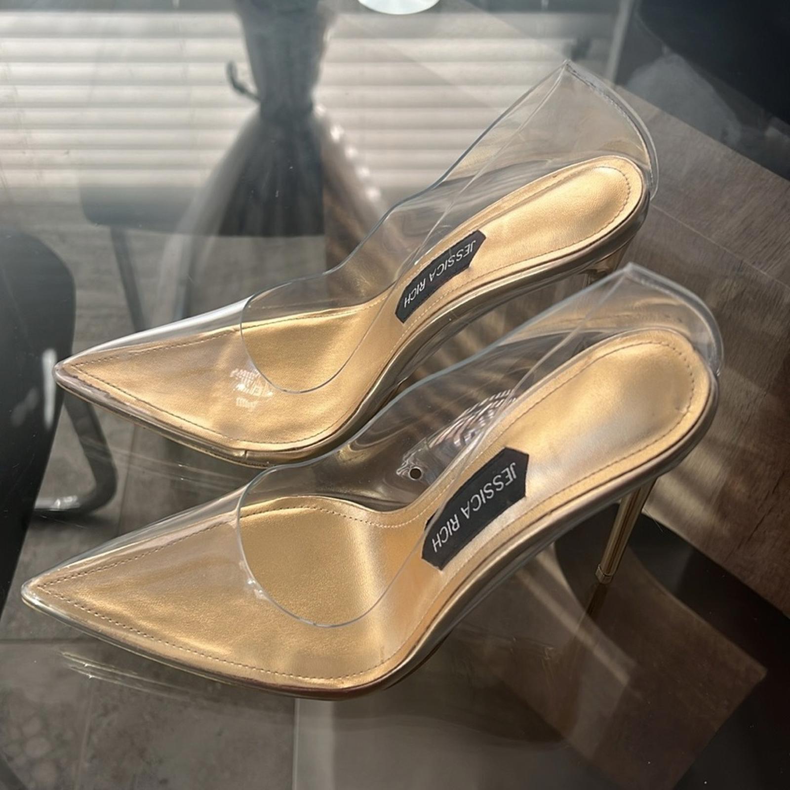 Jessica Rich Fancy Stiletto Clear Vinyl Pumps, Gold Size 37 NEW in Box