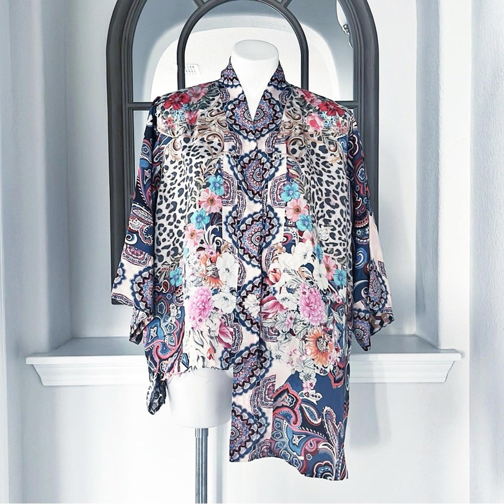 Johnny Was Betzy Emilia Paisley Print Silk Kimono, Size L New w/Defect $420